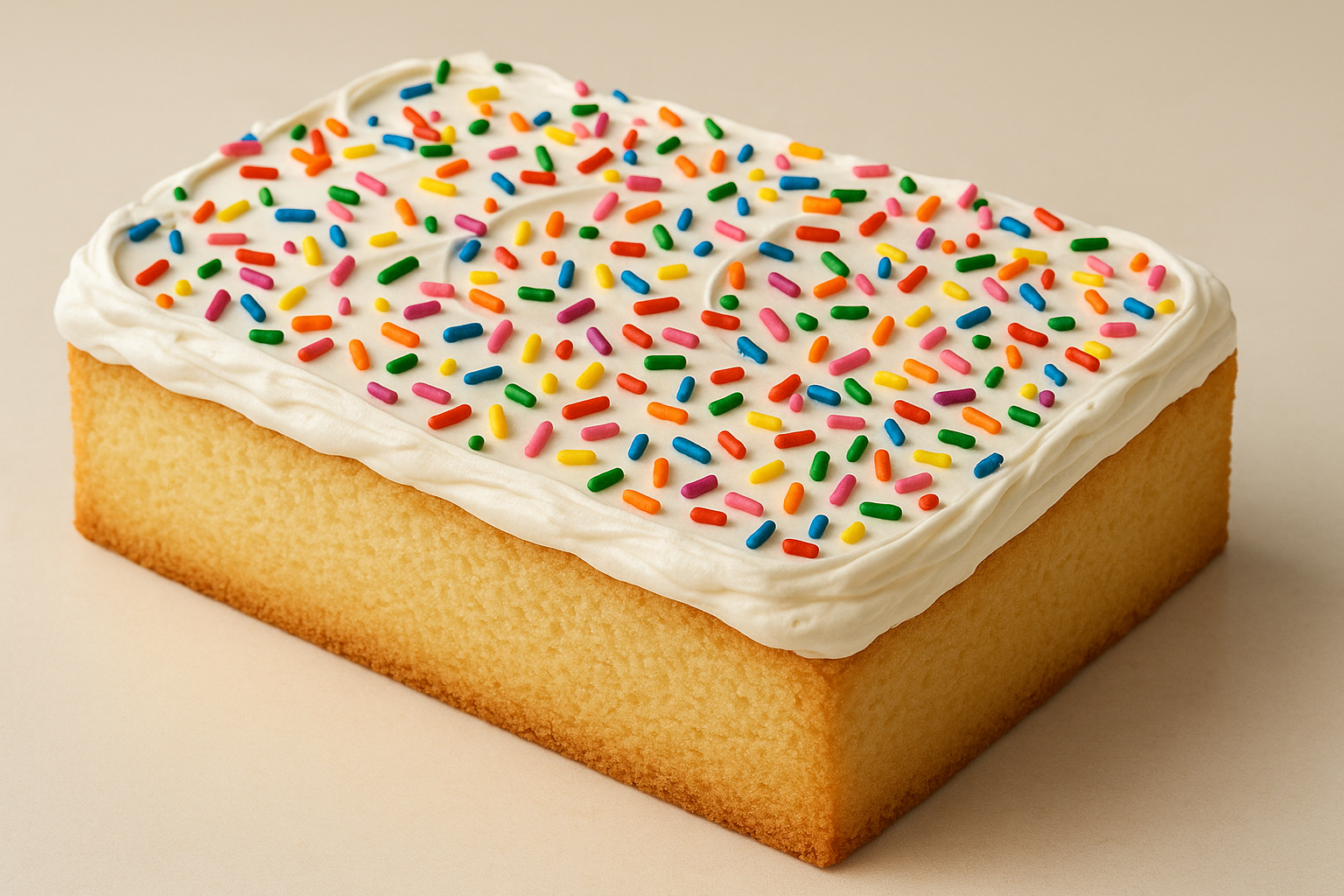rectangular box with vanilla cake topped with a layer of whipped cream and sprinkles on top